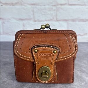 Coach Brown and Tan Leather Wallet with Brass Clasp